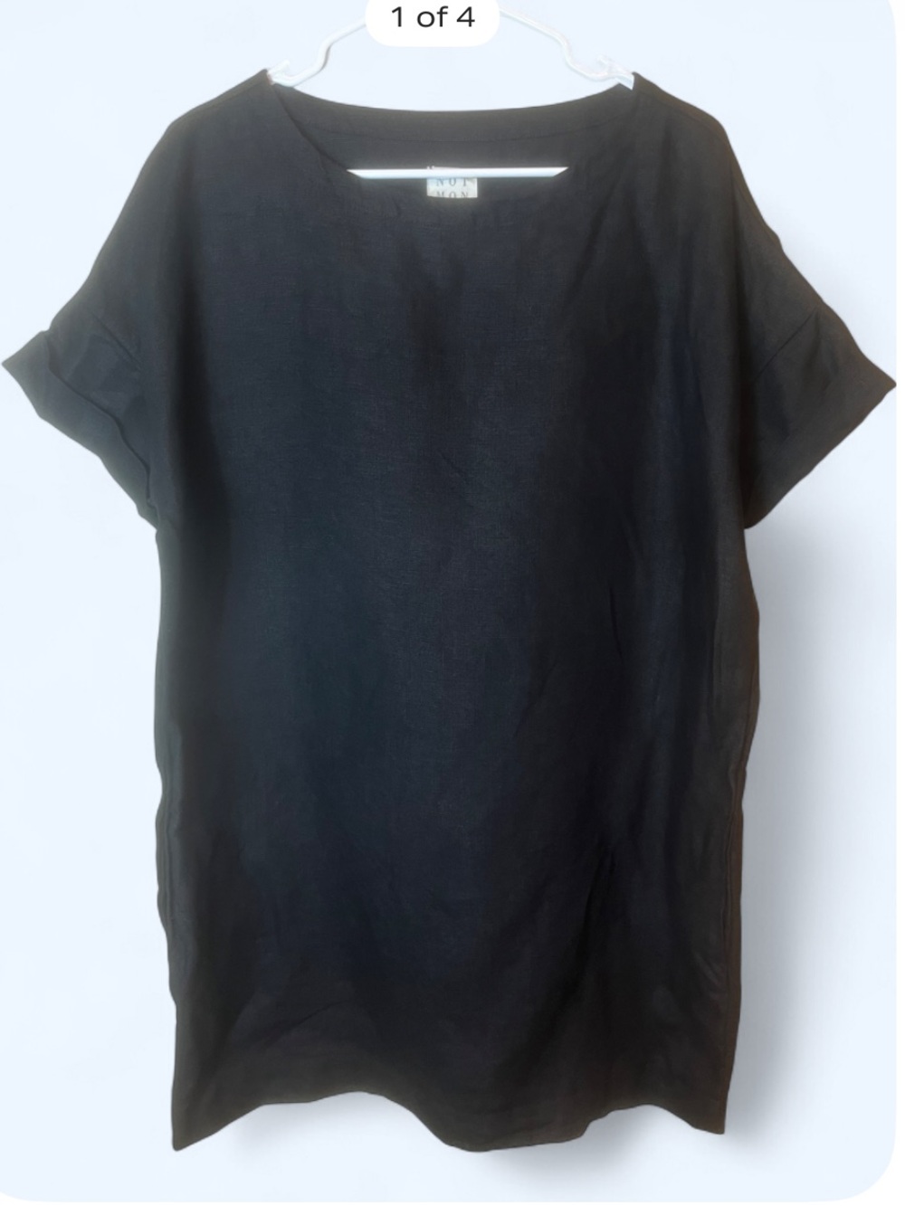 NOT MONDAY Black Linen Cuffed Short Sleeve Shift Mini Dress Size M/L